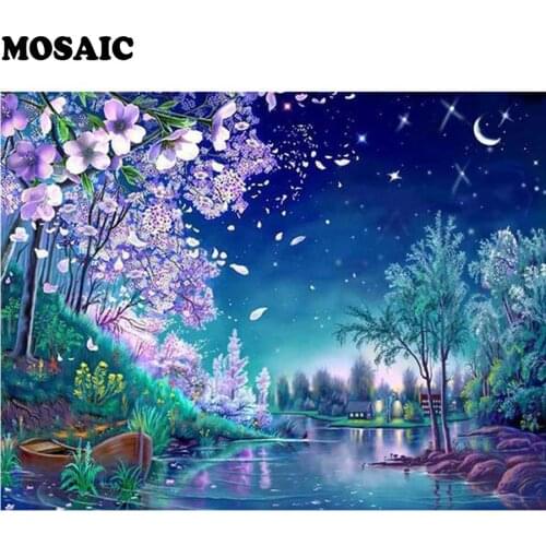5d DIY Diamond Painting,Natural Scenery Blue Night Surface Lake sakura Cross Stitch Kits Full square Diamond Embroidery Mosaic