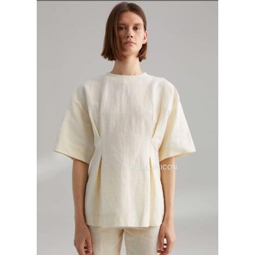 Woman Loano Cotton linen blouse creme Black dropped shoulder tailored Gathered waist Fashion Casual TOPS WOMAN