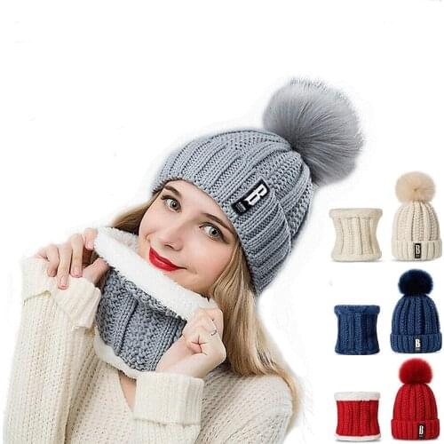 Winter Hat & Scarf Set for Women Girls Warm Beanies Ring Scarf Pompoms Winter Knitted Hats Scarf