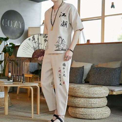 Summer Traditional Chinese Style Linen Tang Suit Men Hanfu Casual Ethnic Print Short Sleeve T-shirt Men Tang Suit Kungfu Clothes
