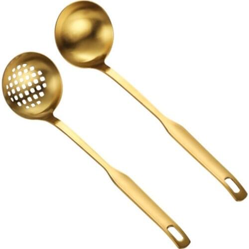 LUDA Gold Soup Ladle Colander Set, Long Handle Stainless Steel Kitchenware Cookware Serving Spoon, for Cooking Utensil(2 PCS)