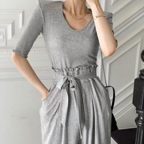 Korean Fashion Pants Sets Summer Two Piece Set Women Short Sleeve T-shirt and High Waist Wide Leg Pants Casual 2 Piece Outfits