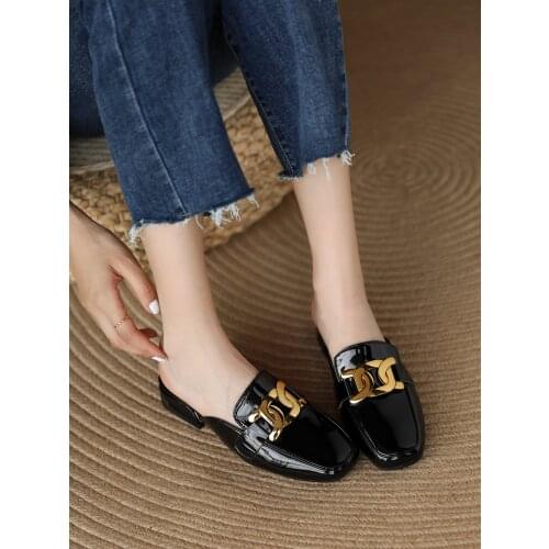 Special-Shaped Heel Electroplated Mirror Patent Leather Mules Metal Decorative Outdoor Slippers Oversized Thick Heel Slippers