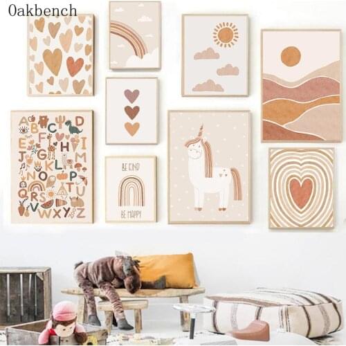 Unicorn Wall Painting Alphabet Canvas Poster Rainbow Clouds Art Print Heart Posters Nursery Wall Pictures Baby Room Decoration