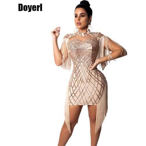 Autumn Winter Sexy Bodycon Dress Women Sequin Tassel Dress Cap Sleeve Front Hollow Out Birthday Party Sexy Club Dresses Vestidos