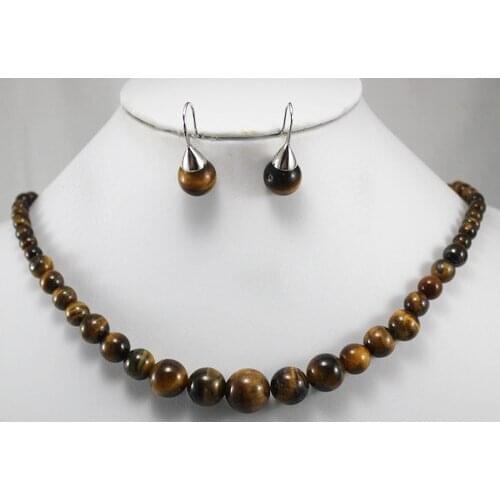 Wholesale noble 6-12mm 18" tiger eye jade necklace & stud earrings jewelry set