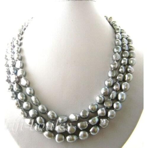 3strands 19'' 9-10mm gray baroque freshwater pearl necklace