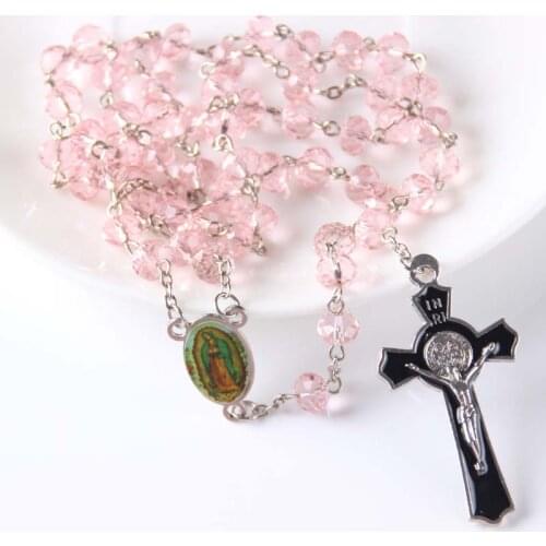 Catholic Female Deity Goddness 6*8mm Porcelain pink color Crystal Beads Crucifix Pendant Rosary for Prayer Baptism 10pcs/lot