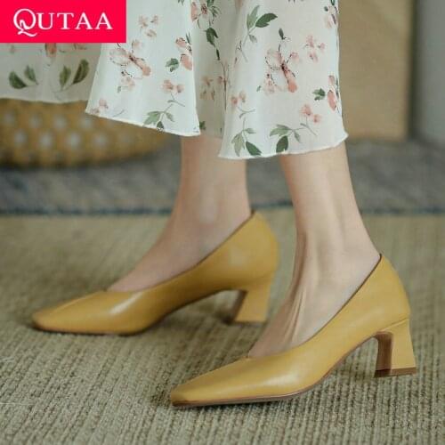 QUTAA 2021 Square Toe Concise Women Pumps Spring Autumn Genuine Leather Shallow Ladies Shoes Square High Heels Size 34-43