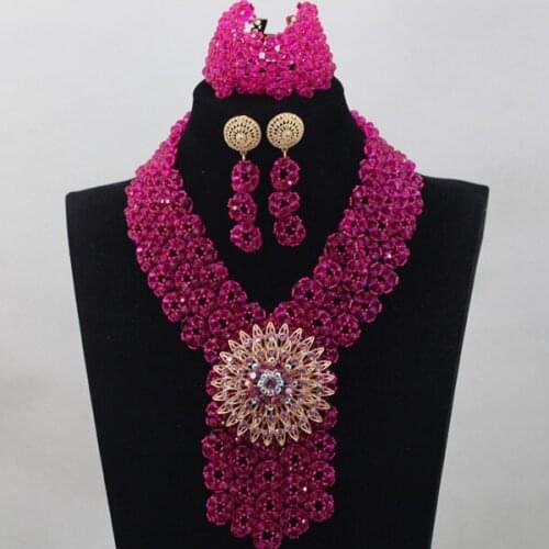 Romantic Fuchsia Pink African Jewelry Sets Wedding Crystal Beads Jewelry Set Elegant Nigerian Wedding Beads Free Shipping WD831