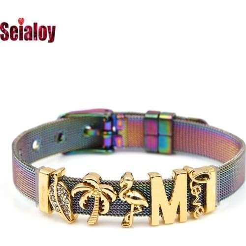 Seialoy Colorful Stainless Steel Mesh Bracelets For Women Original Anchor heart Beaded Bear paw Charm Watch Belt 10mm Bracelet