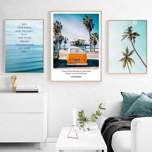 Modern Tropical Sea Palm Tree Bus Landscape Poster Wall Art Inspirational Canvas Painting Picture Living Room Home Decoration