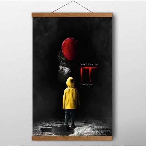 Solid Wood Scrolls Painting it horror movie clown Wall Art Poster Canvas Silk Prints For Living Room Decor