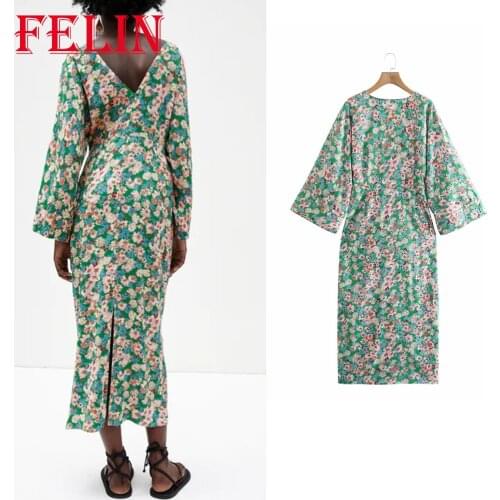 Za 2021 Women Chic Green Floral Backless Sexy Pleated Dress Long Sleeve Vintage Straight Midi Dress Elegant Vestidos
