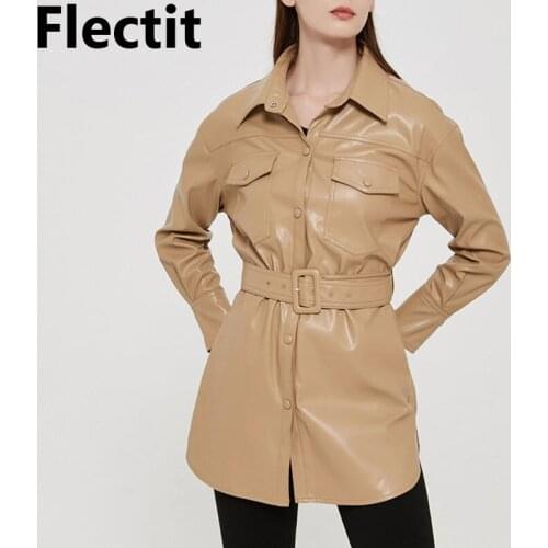 Flectit Women Faux Leather Jacket With Belt Laple Collar Single Breasted Mid Length Coat Fall Winter Overcoat