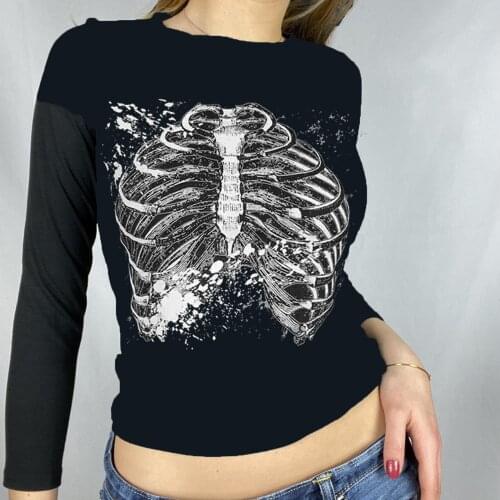 Women Autumn Crop Tops Skeleton Print Street Tee shirt For Womens Casual Tees Female 2021 Summer Long Sleeve O-Neck Top