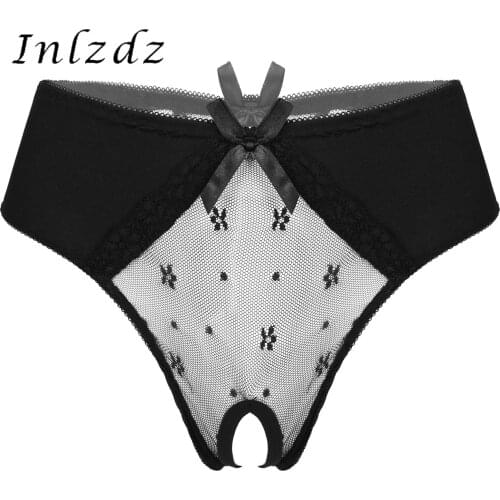 Womens Erotic Underwear Back Hollow Out Lace Bowknot Lingerie Crotchless Briefs Underpants See-through Mesh Patchwork Panties