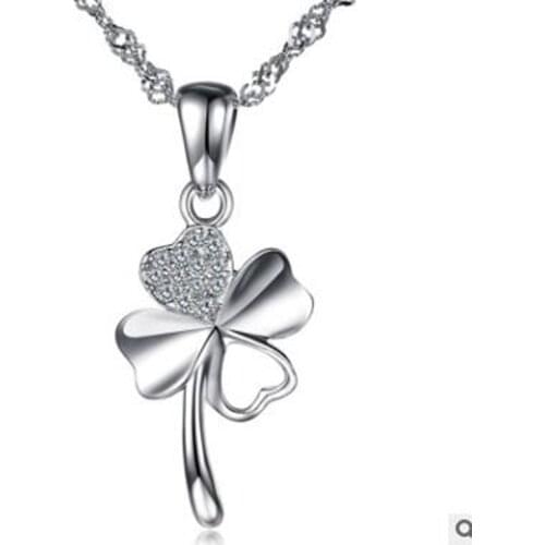 TJP Cute Clover Style Crystal Pendants Necklace For Women Wedding Party Pure 925 Sterling Silver Lady Choker Necklaces Accessory