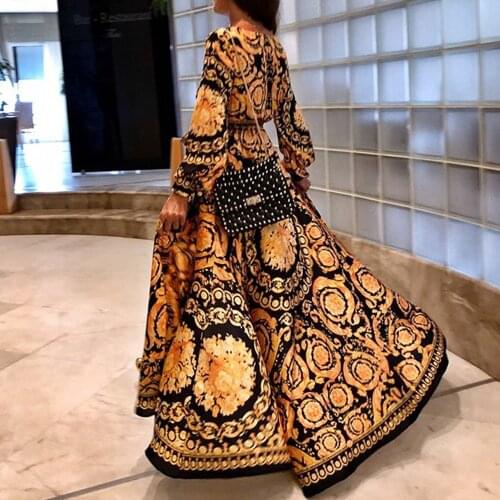 Boho Women Sexy Deep- V Slit Print Maxi Loose Dress Split Casual Long Sleeve Party Cocktail Elegant Fashion Lady Travel Holiday