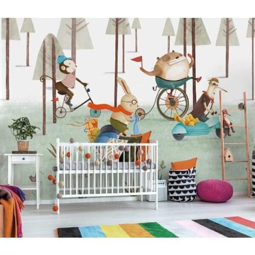 Animal Bike Wall Mural Kids Bedroom Wallpaper Roll Carton Murals Contact Paper 3D Girls Baby Boy Room Art Painting