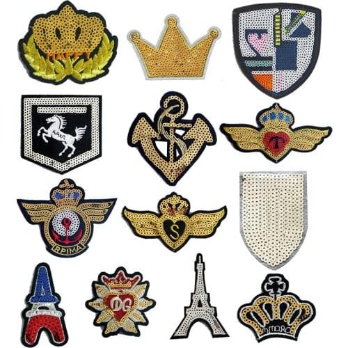 2pcs Sequin Embroidery Tower Crown Shield Patch DIY 3D Badge Patch Military Armband Back Tactical Patch Decal