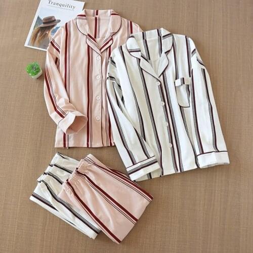 2021 spring and autumn new cotton knitted ladies pajamas suit wide stripe home service long-sleeved trousers women pajama set