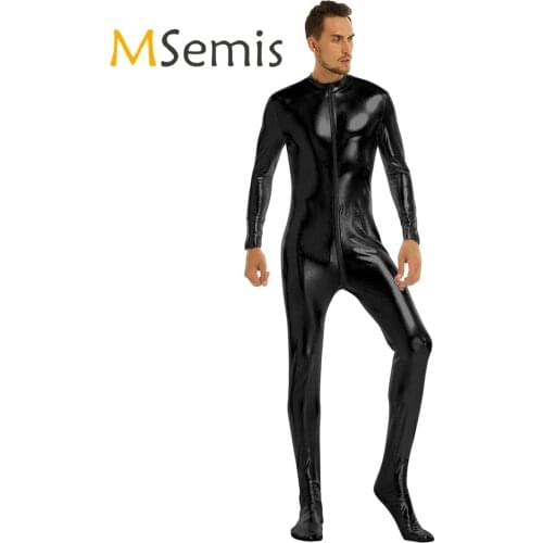 Mens Shiny Metallic Full Body Leotard Bodysuit Clubwear Round Neck Long Sleeves Closed Toe Stretchy Stage Performance Costume