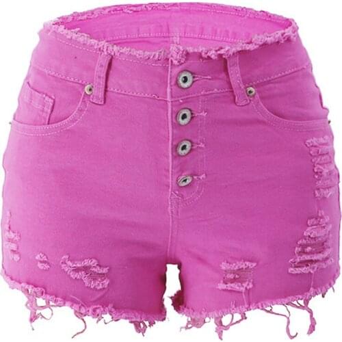 Weigou Summer Women Casual Hole Denim Shorts High Waist Solid Jeans Shorts Vintage Cotton Short Pants