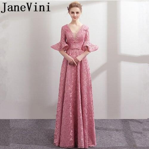 JaneVini Dusty Pink Half Sleeve Bridesmaid Dresses Long 2019 Lace Beaded V-Neck Formal Gown Wedding Guest Party Dress for Women