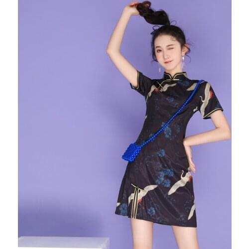 Chinese Qipao Dress Cheongsam 2021 New Vintage Ancient Crane Print Traditional Women Evening Party Slim Midi Dress