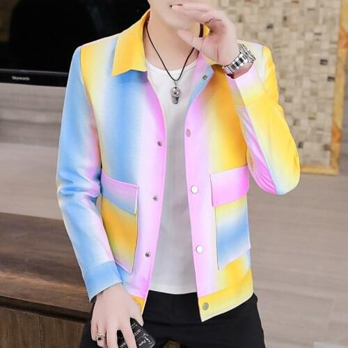 Spring New Mens Jacket Fashion Couple Rainbow Colorful Thin Slim Fit Coat Autumn Male Single Breasted Cardigan Clothing Tops