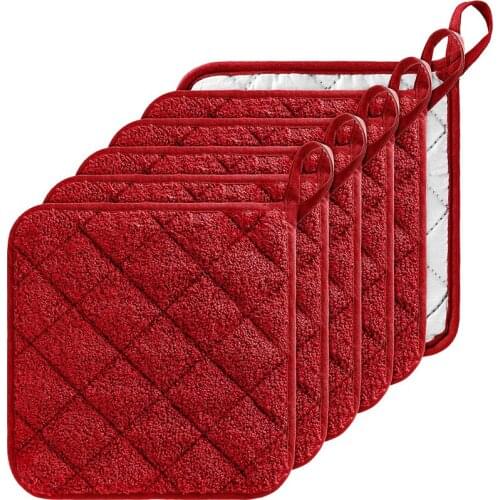 6Pcs Red Cotton Terry Oven Pot Holders Set Heat Resistant Hot Pads Hanging Loop Design Oven Mitts for Kitchen Baking & Cooking