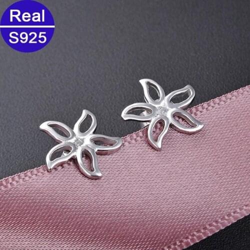 Real Fine Jewelry Wholesale Fashion Simple Flower Stud Earrings 925 Silver Womens Small Earing New Year Gifts