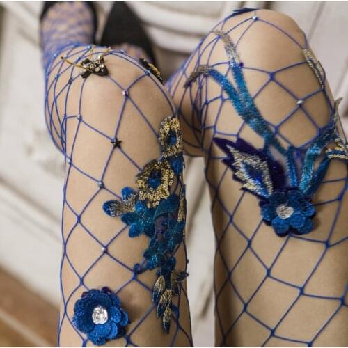 Cross-border exclusive for sexy hot diamond blue flower mesh fishnet socks large small and medium-sized mesh jumpsuit socks
