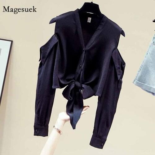 Solid Black Off-shoulder Blouse Women Autumn New Long Sleeve Chiffon Shirt Lace-up Waist Tops Bow Tie Cardigan Shirts 11593