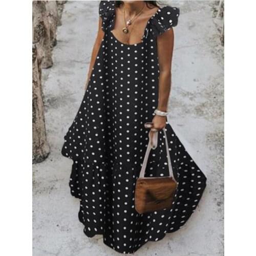 2021 summer new style long flying sleeves ruffled sling beach dress solid color wrinkled hem casual long