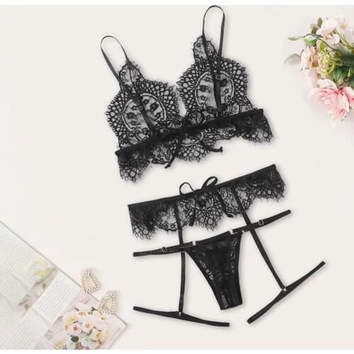 Sexy Transparent Lace Lingerie Set for Female Lace Bras G-string Thong Set Underwear