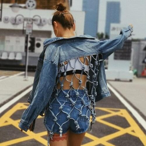 2020 Autumn New Style Open Back Mesh Hand-Woven Loose Casual Mid-Length Fringed Fashion Casual Denim Jacket Women