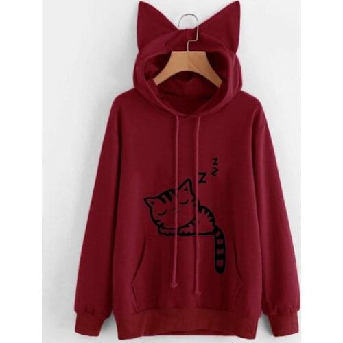 2021 Long Sleeve Hoodies Womens Spring Autumn Harajuku Solid Fashion Hat With Ears Patchwork Tops Kawaii Cat Printed Sweatshirt
