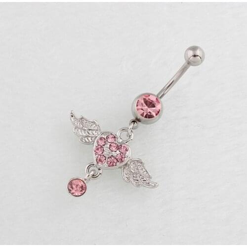 Women Fashion Piercing Pink Crystal Heart Wing Belly Navel Ring Dangle Personality Jewelry Accessories