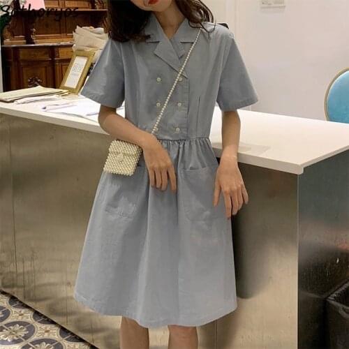 Women Short Sleeve Dresses Solid Simple Notched Chic Harajuku Fashion Double Breasted Elegant Streetwear Ruffles Spliced Gentle