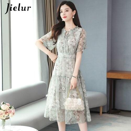 Jielur Women Dress Print A-line High Waist Summer Dress Short Sleeve Chic Chiffon Elegant Vestidos Green Slim Robe Femme