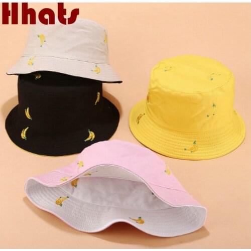 Banana Women Reversible Bucket Hat Hip Hop Embroidery Fruit Female Summer Hat Outdoor Cotton Fishing Cap Vacation Panama Bob