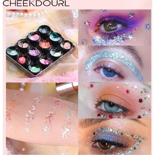 CHEEKDOURL 12 Color Sequin Eyeshadow Lasting Glitter Shimmer Sparkling Gel Mermaid Sequin Powder Eye Body Makeup Party Cosmetics