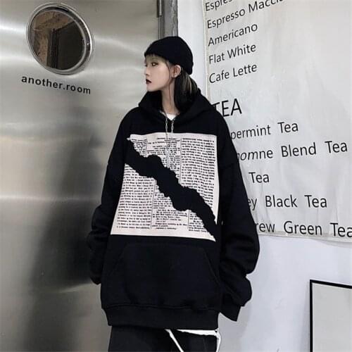 Harajuku Black Hoodie Sweatshirt Spring Women Loose Korean Punk Tops Hip Hop Pollover Oversized Newspaper Print Hoodies Coats