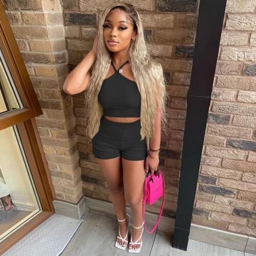 Hirigin Sexy Knitted 2 Piece Set Women Summer Clothes Halter Tanks Off Shoulder Tube Crop Tops Biker Shorts Outfits Clubwear