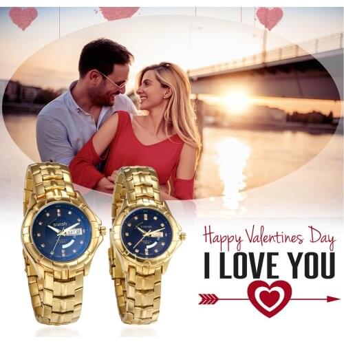Lancardo Luxury Couple Watch Golden Fashion Stainless Steel Lovers Watch Quartz Wrist Watches For Women & Men Calendar Function