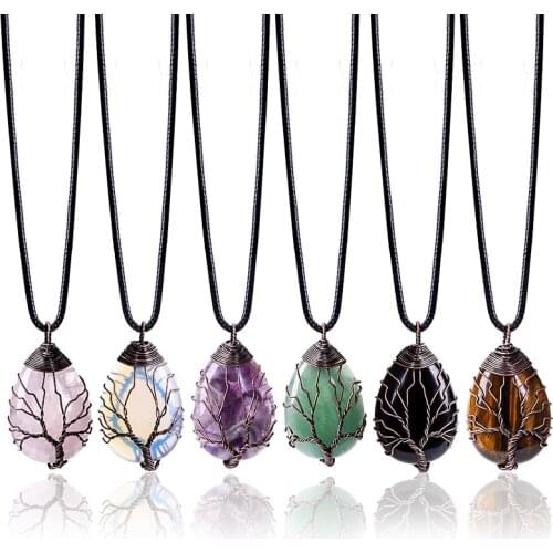 Natural 6 Colors Opal Stone Tree of Life Rope Chain Pendants Necklace Women Men Handmade Wire Wrap Water Drop Crystal Necklace