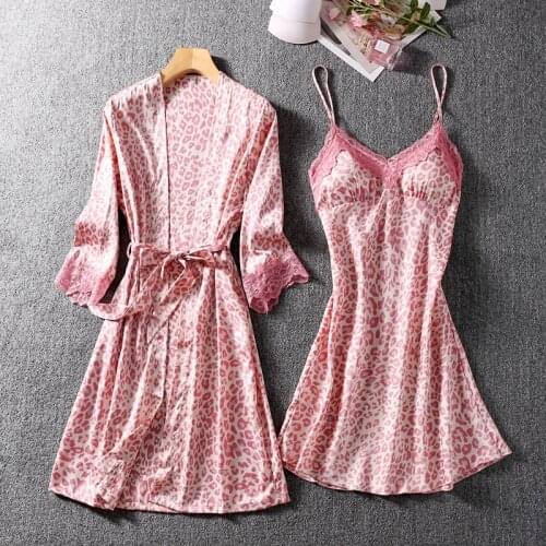 2pcs Set Zebra Leopard Sexy Night Gown Female Sleepwear Lace Ice Silk Sling Sleep Dress Temptation Nightdress Vintage Nightgowns
