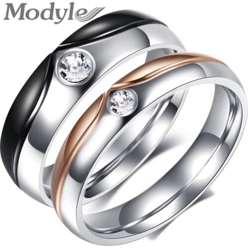 Modyle 2021 New Silver Color Stainless Steel Crystal Couple Ring For Women Men Simple Classic Wedding Couple Promise Jewelry